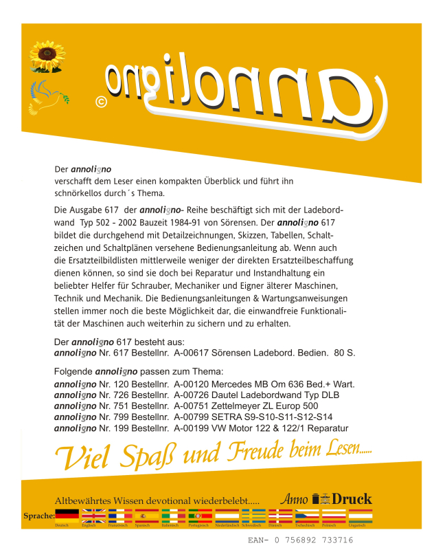 Sörensen Ladebordwand/Hebebühne Typ 502 - 2002 Bauzeit 1984-91 Bild- Bedienungsanleitung - annoligno 617